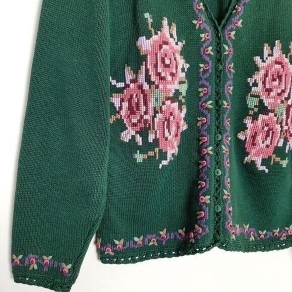 Vintage WILLOW RIDGE Cardigan Sweater Rose Flower Embroidery Sz L - Picture 4 of 9